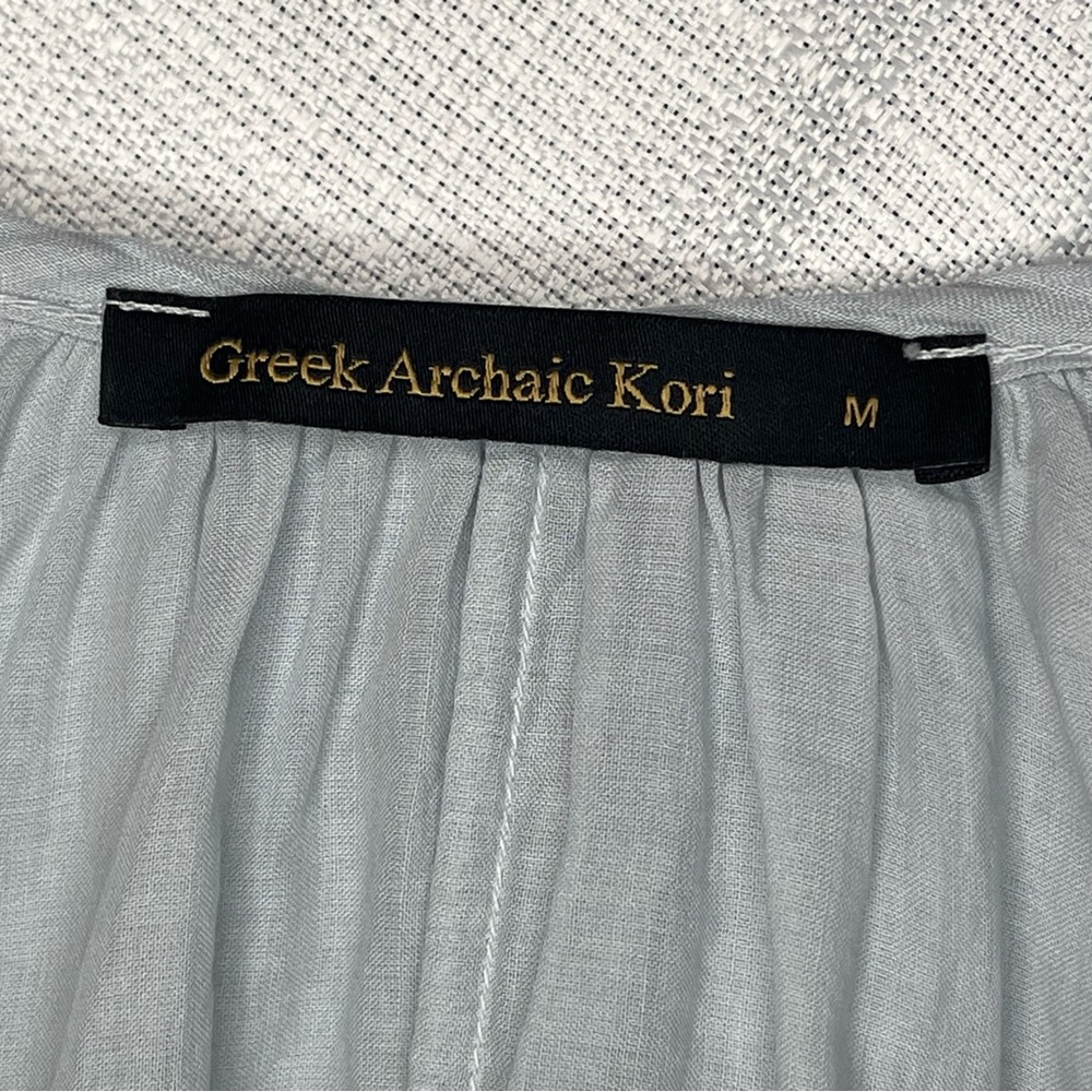 Greek Archaic Kori Oversized Light Grey Metallic Gold Embroidered Dress Medium - Picture 2 of 12